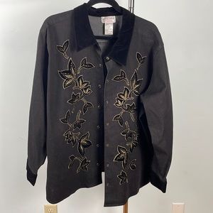 Victor Costa unique Black denim shirt, velvet trim and gold appliqué on front